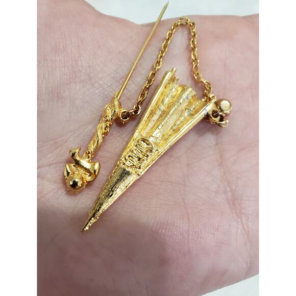 Vintage Brooch Stick Pin Miniature Umbrella Signed Celebrity Gold Tone‎ 3" - Picture 5 of 5